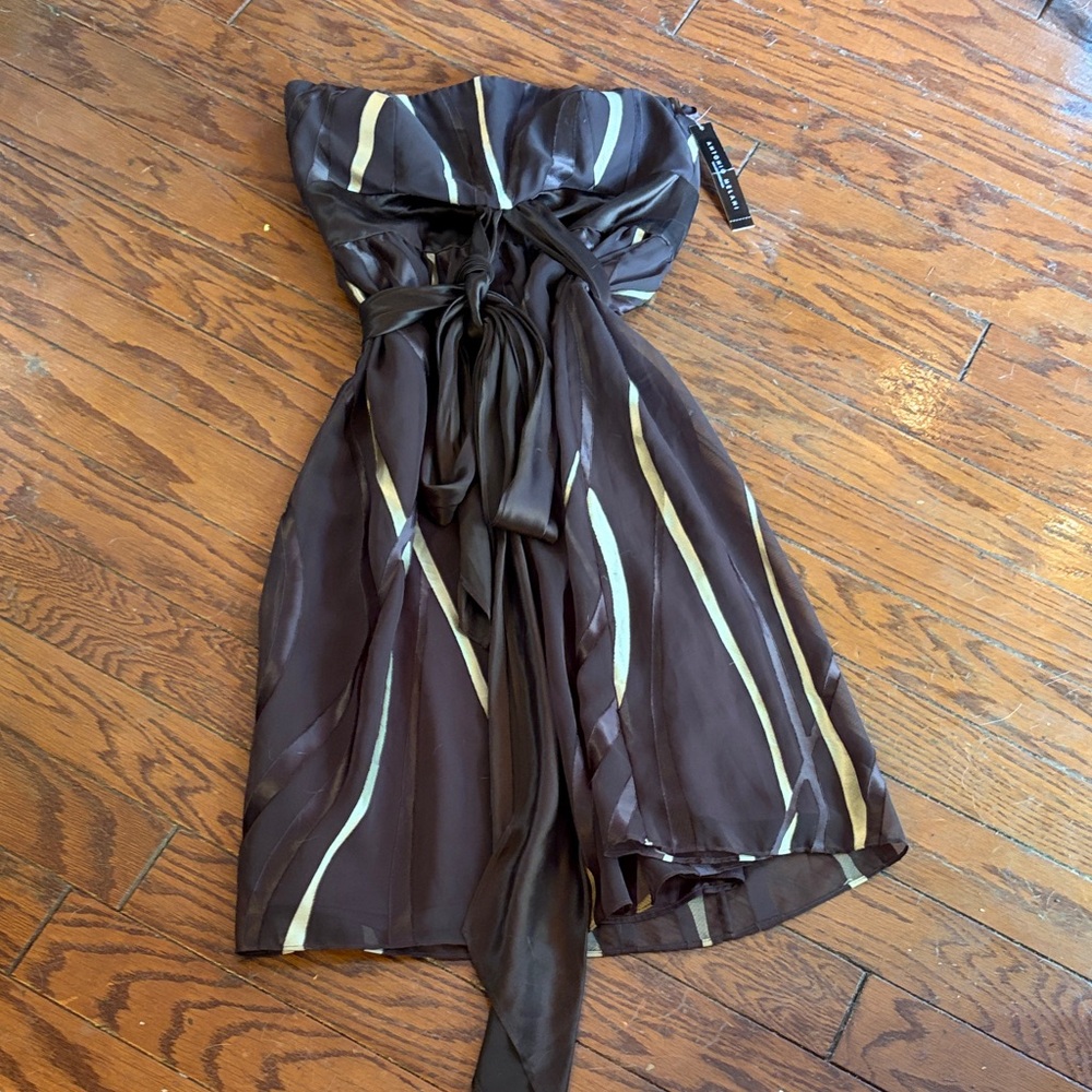 ANTONIO MELANI Strapless Brown Dress with Cream and Light Blue Stripes